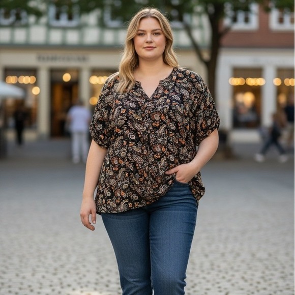 Treasure & Bond Tops - Treasure‎ & Bond Womens 2X Floral Split Neck Blouse Black Orange Boho Top